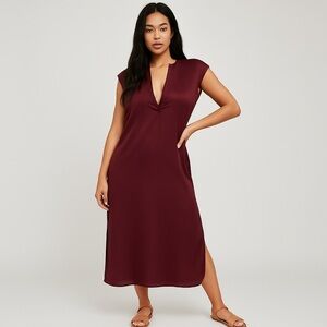 Banana Republic L Petite Sleeveless Shirt Dress  Wine Red Silky Midi Long